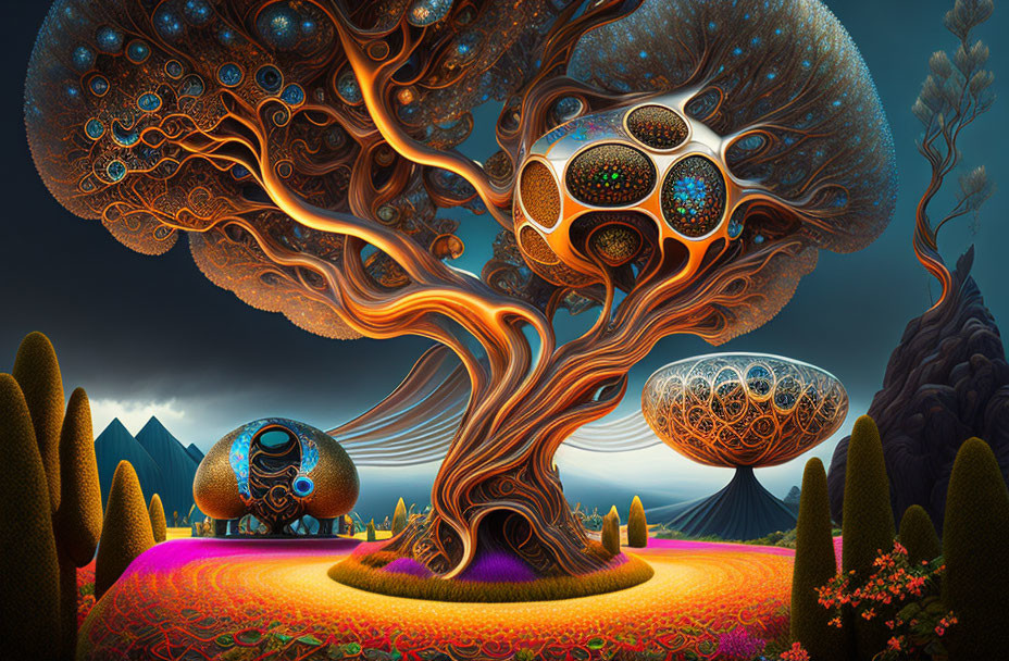 Colorful surreal landscape with intricate tree and fantasy flora