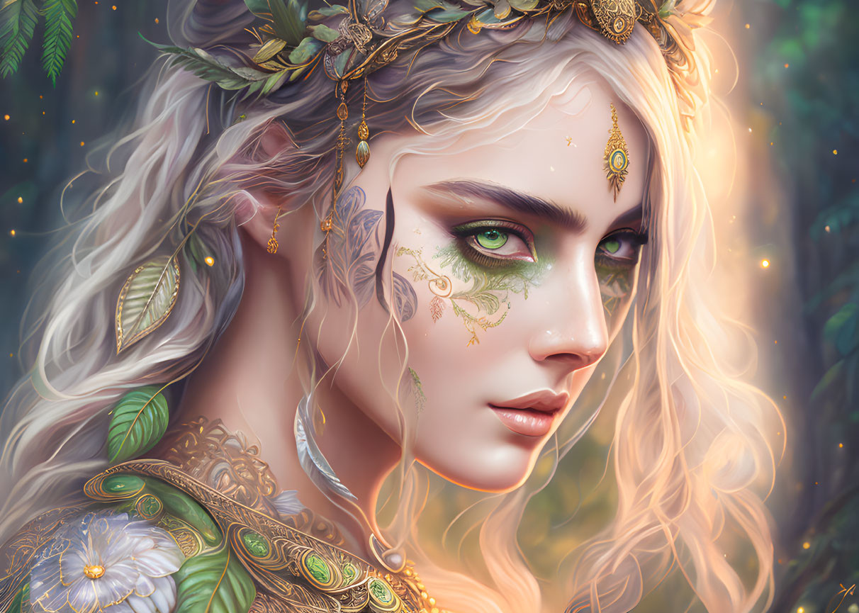 Detailed Female Illustration with Golden Jewelry, Leaf Tattoos, and Green Eyes