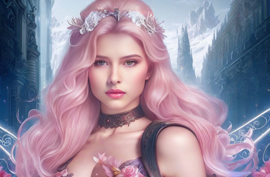 Fantasy portrait featuring woman with pink hair, crown, mystical castle background.