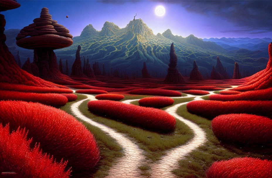 Fantasy night landscape with red grass, winding paths, and moonlit mountain