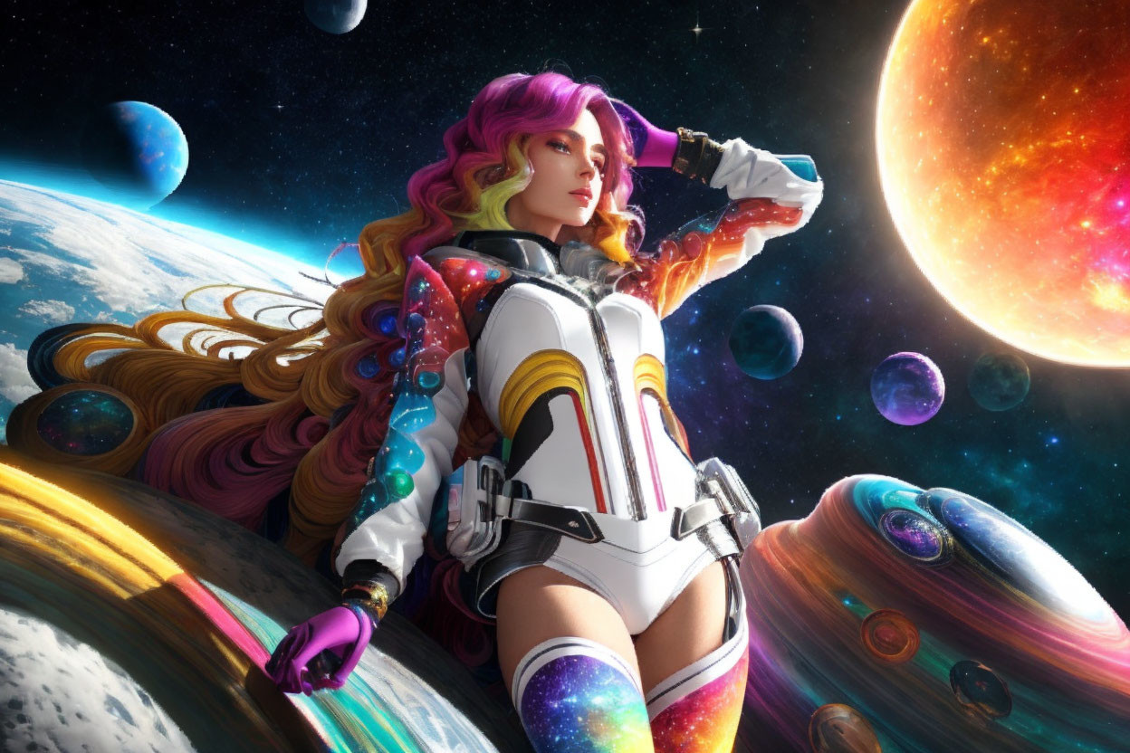 Vibrant digital artwork: Woman in futuristic space suit with cosmic backdrop