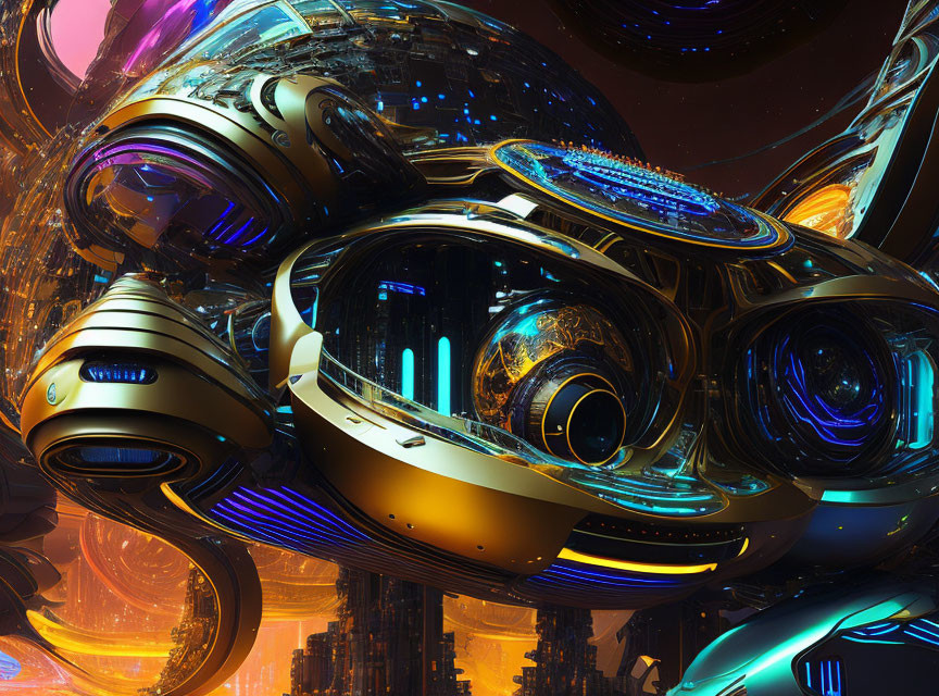 Futuristic cityscape with metallic structures and neon lights