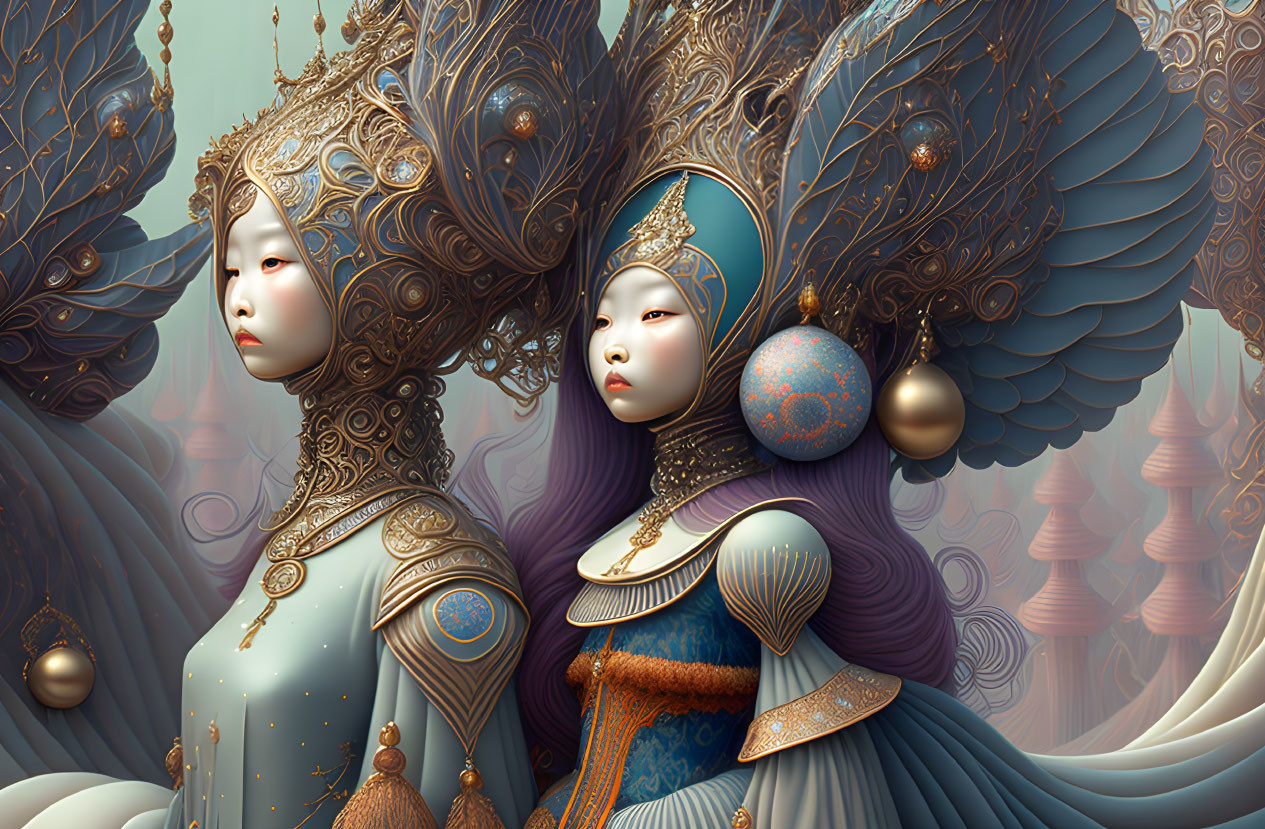 Ornate regal female figures with intricate headdresses and detailed gowns in fantastical backdrop