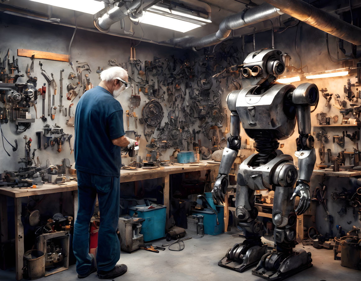 Elderly man at cluttered workbench with large humanoid robot.