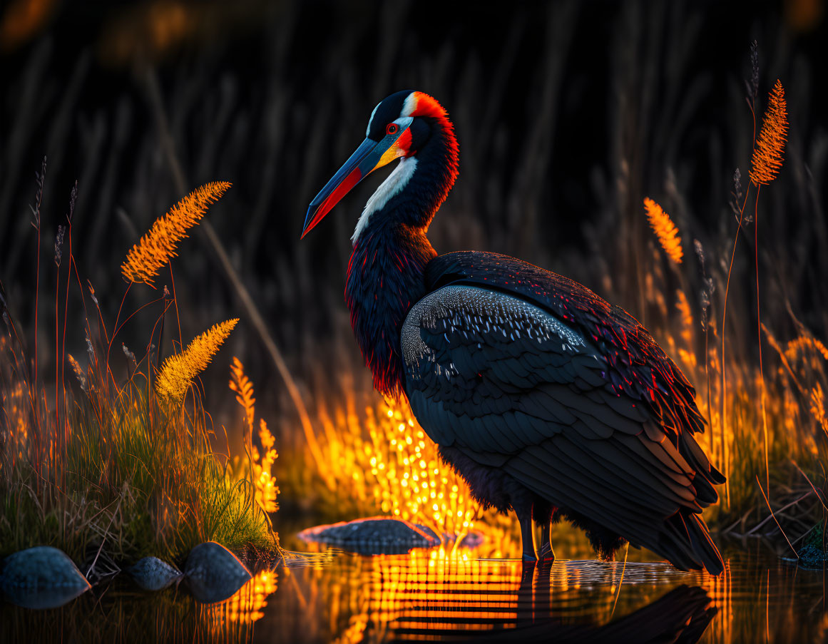 Majestic saddle-billed stork in golden grasses at dusk