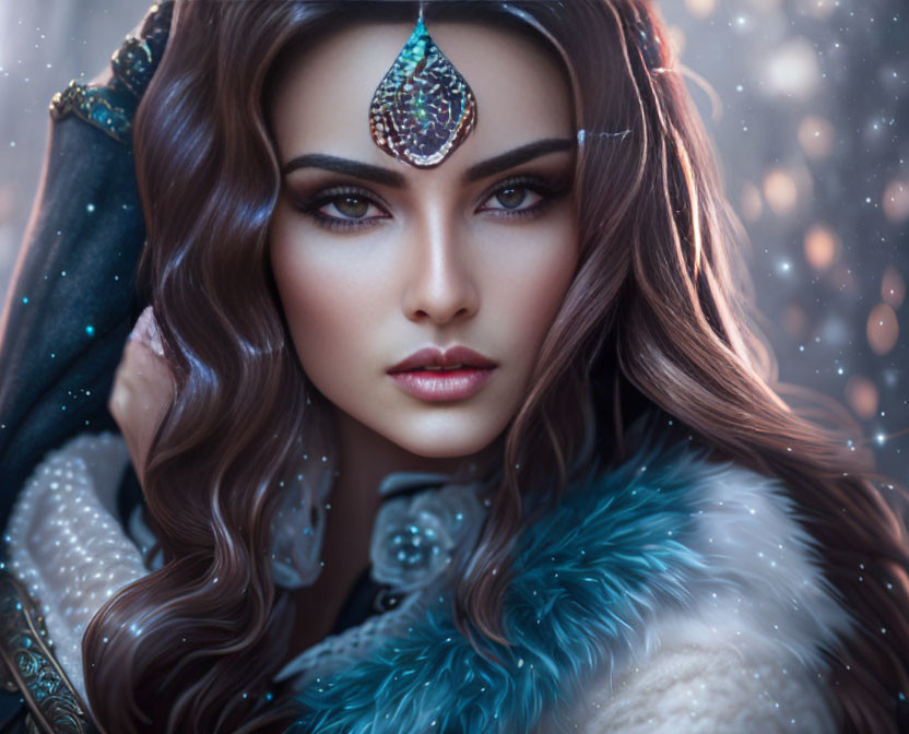 Woman with Striking Makeup in Fur Cloak on Snowy Background