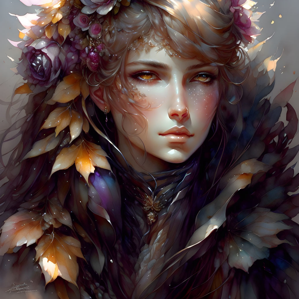 Ethereal person with flower wreath, feathers, and butterfly illustration