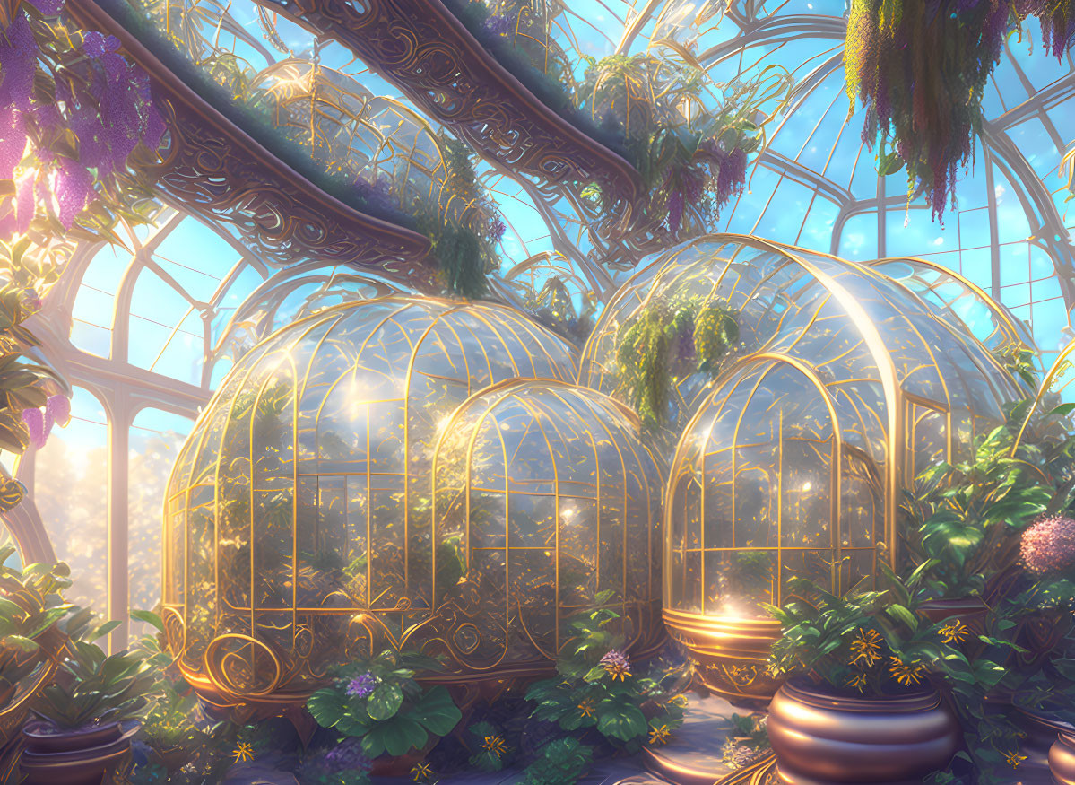 Ornate golden structures in a lush sunlit greenhouse