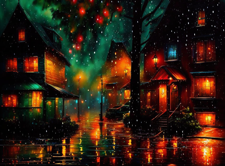 Illuminated Houses, Red-Lit Tree, Snowfall Reflections