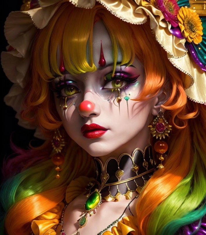 Vibrant portrait of a person with rainbow hair and clown makeup