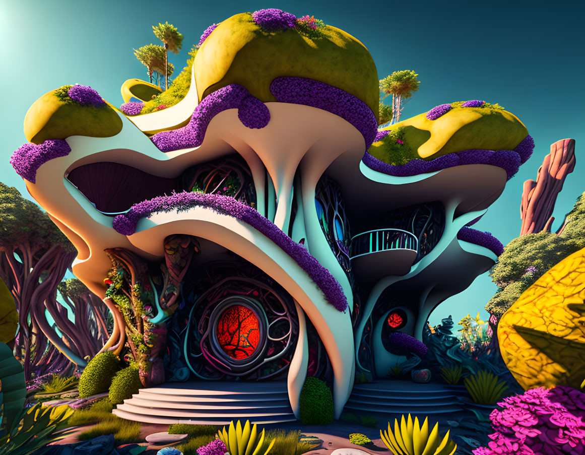 Colorful Organic Shape Structure Amid Vibrant Flora & Blue Sky