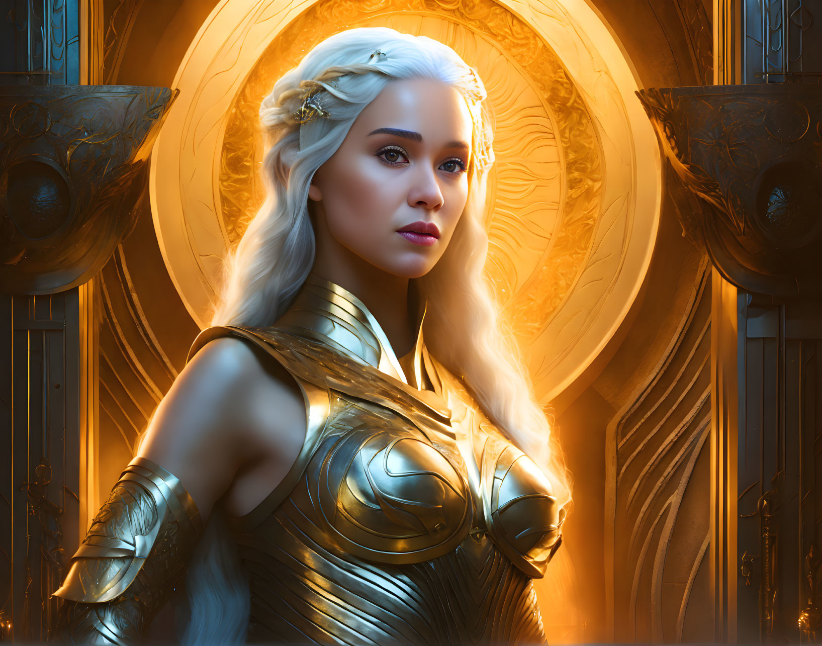 Platinum blonde woman in golden armor against ornate backdrop