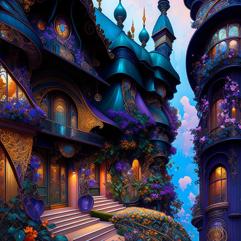 Whimsical illustration of magical palace with blue and golden domes