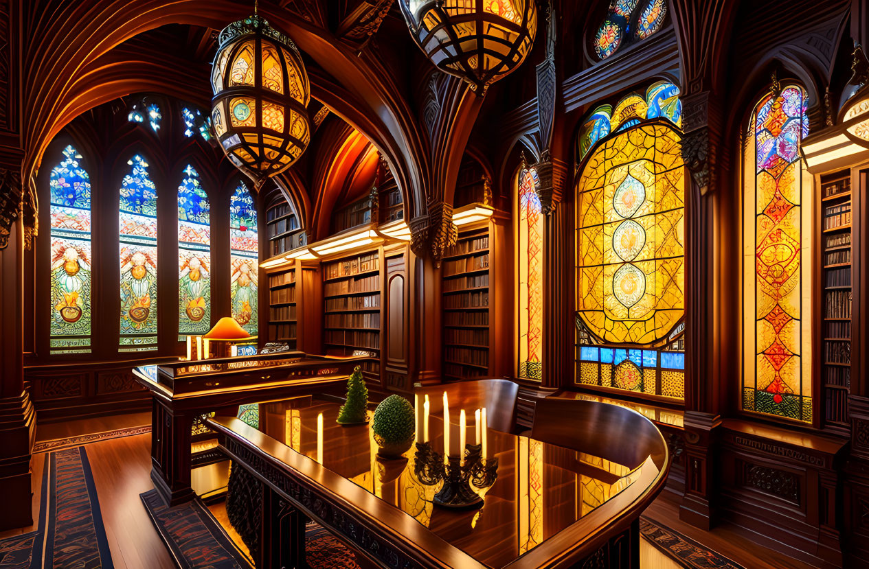 Opulent Gothic library with dark wood bookcases and stained glass windows