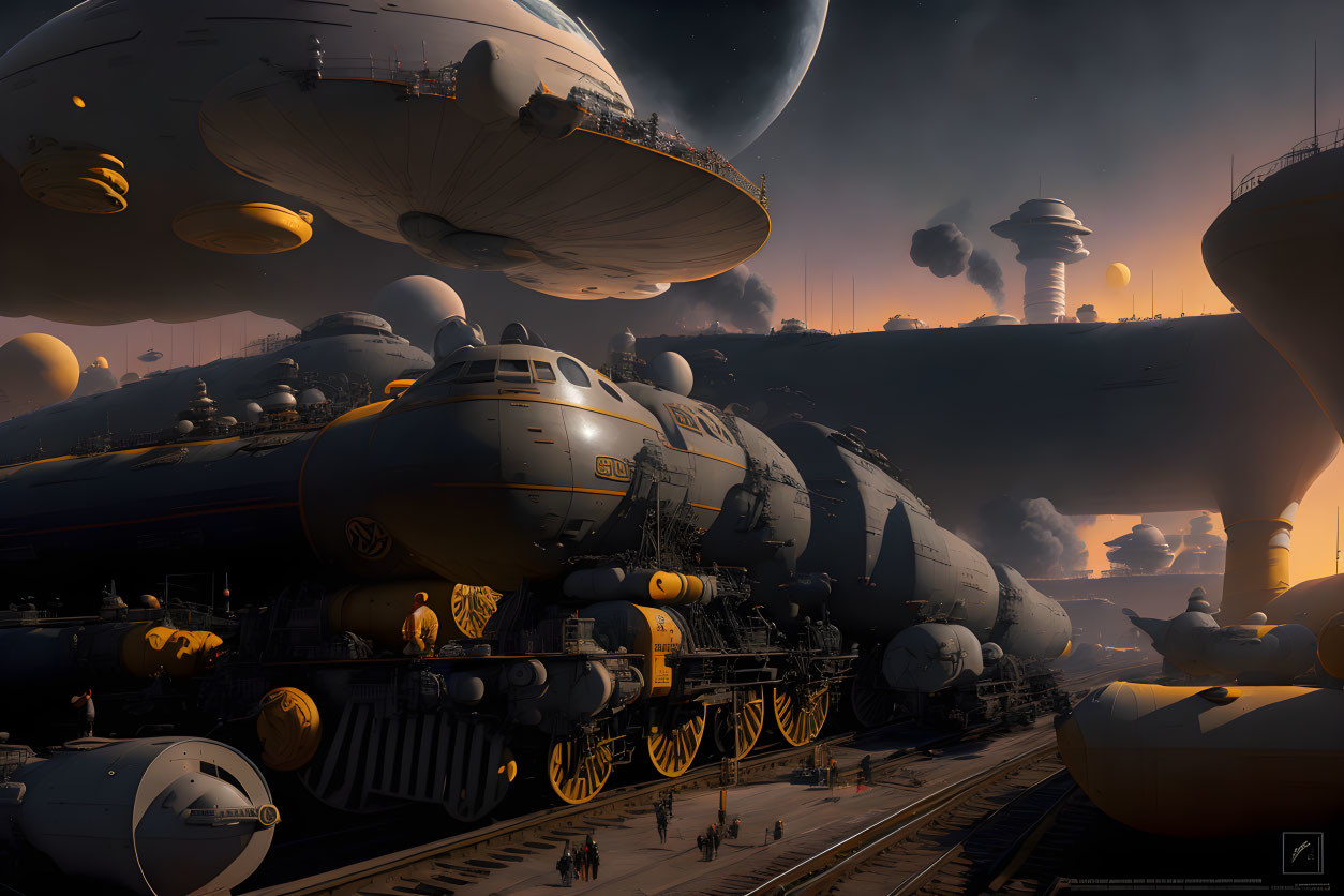 Futuristic Train Station with Airships in Industrial Sci-Fi Landscape