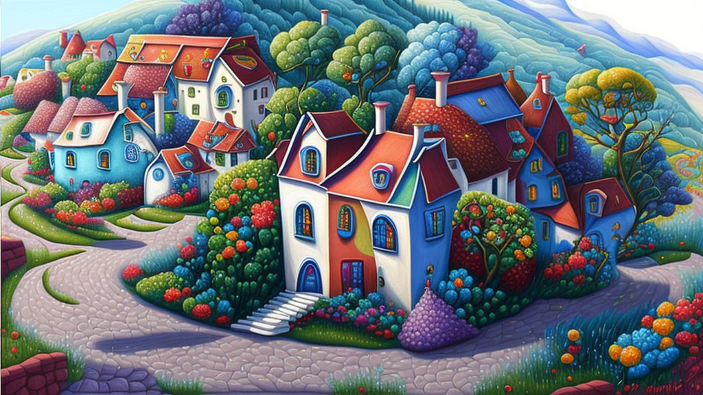 Colorful painting of vibrant village amid lush hills & bright flora