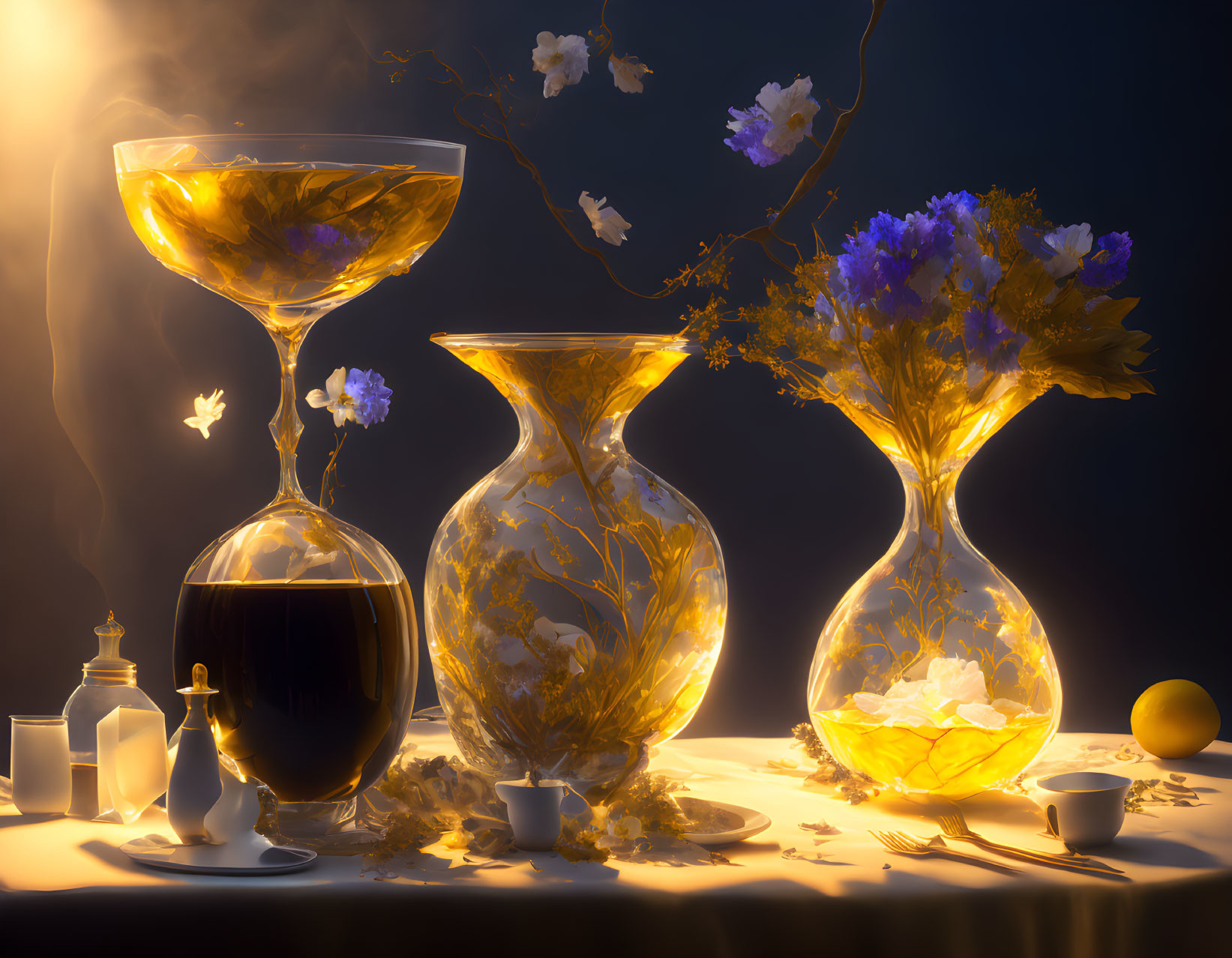 Ethereal still-life with golden liquids in elegant glassware