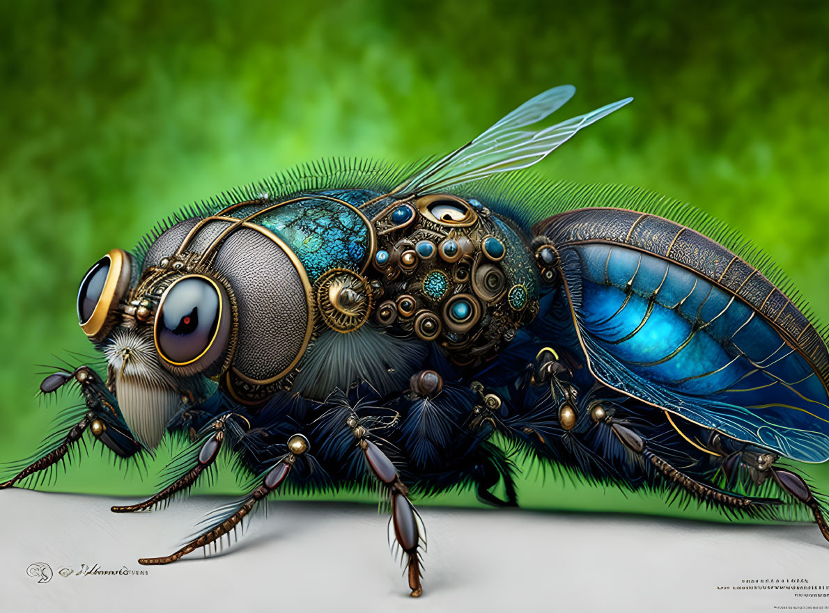 Steampunk-inspired mechanical fly with intricate gears on green background