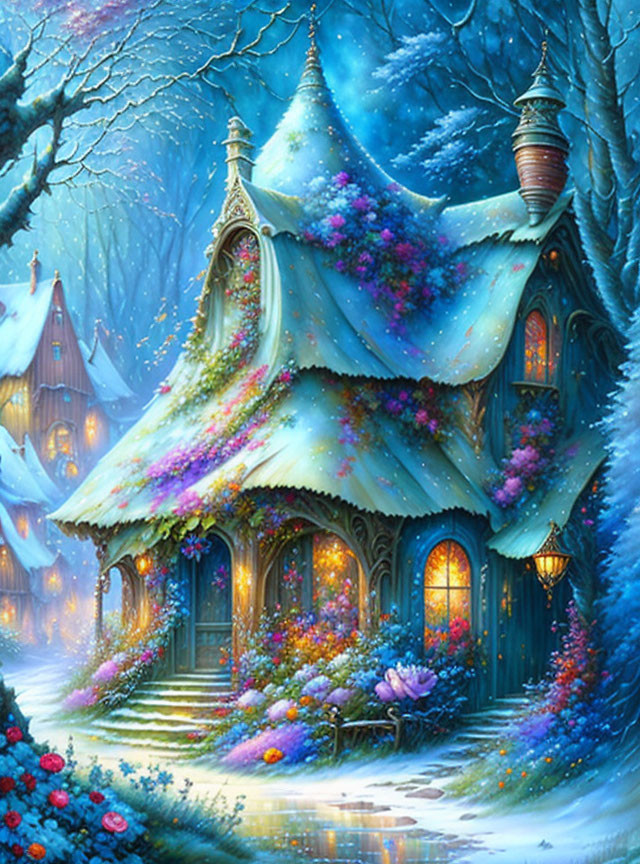 Whimsical cottage with colorful flowers in snowy twilight landscape