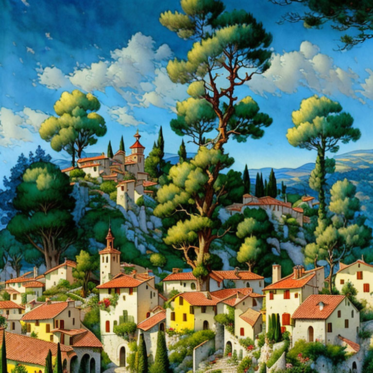 Idyllic village painting with terracotta-roofed houses nestled in rolling hills