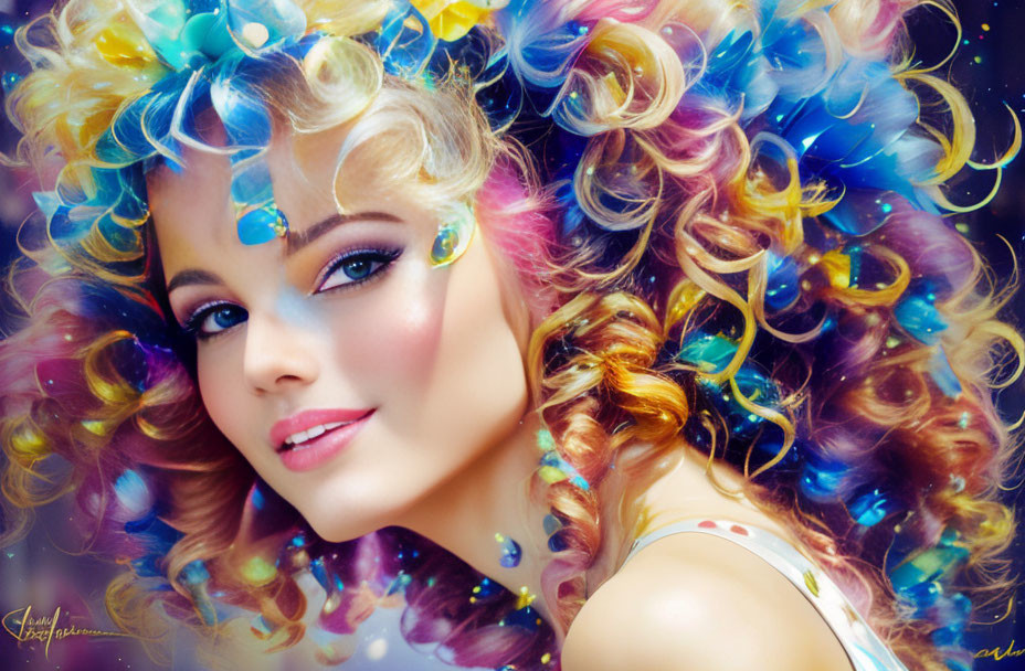 Vibrant portrait of a woman with curly hair and colorful ribbons