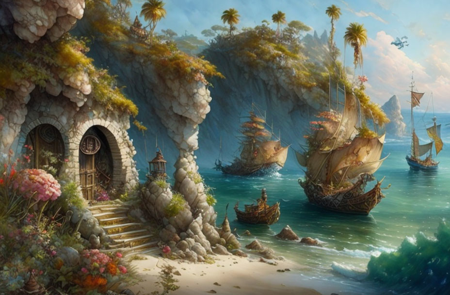 Fantasy coastal scene with floating ships, lush vegetation, and stone house on rocky cliff