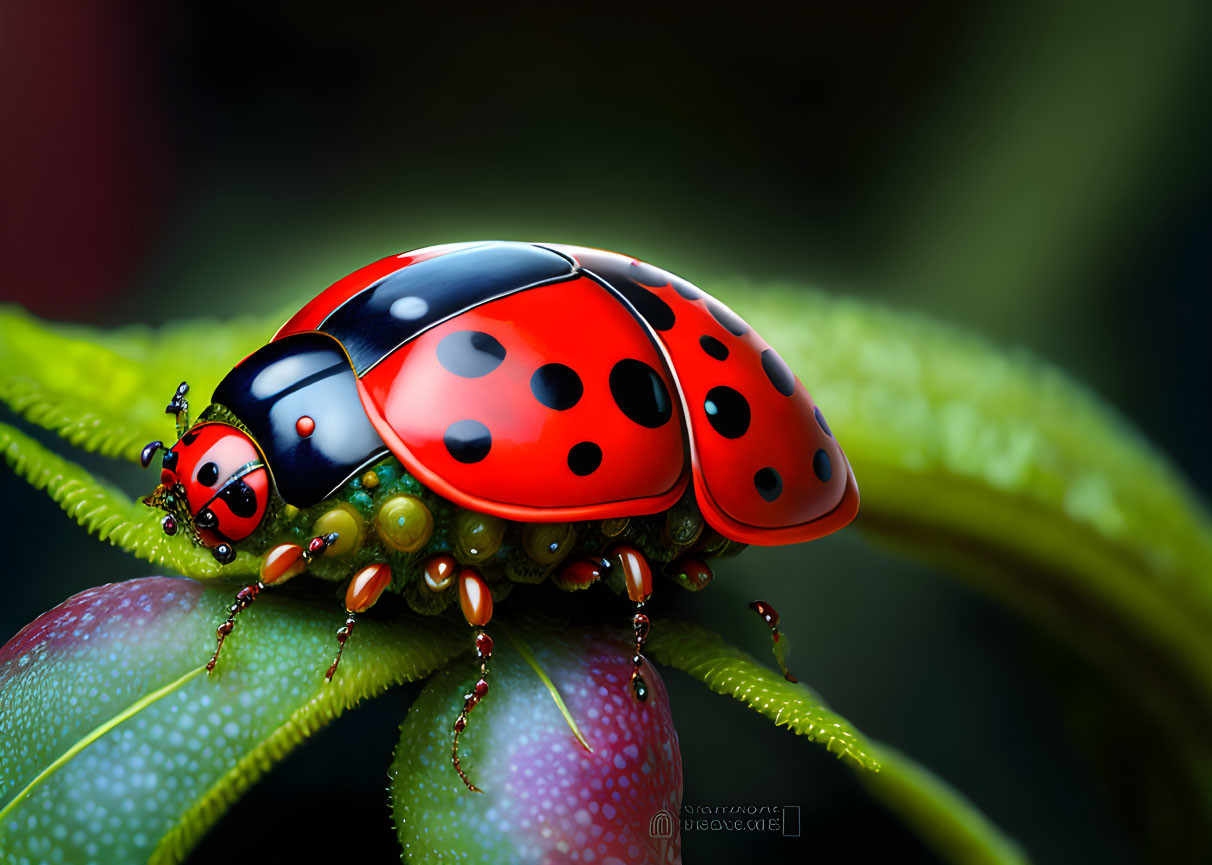 Vibrant red ladybug with black spots on green leaf with water droplets