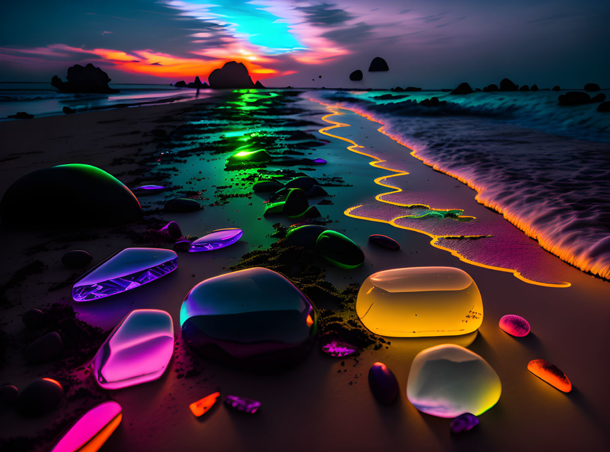 Vivid Sunset Beach with Neon Rocks and Colorful Sky