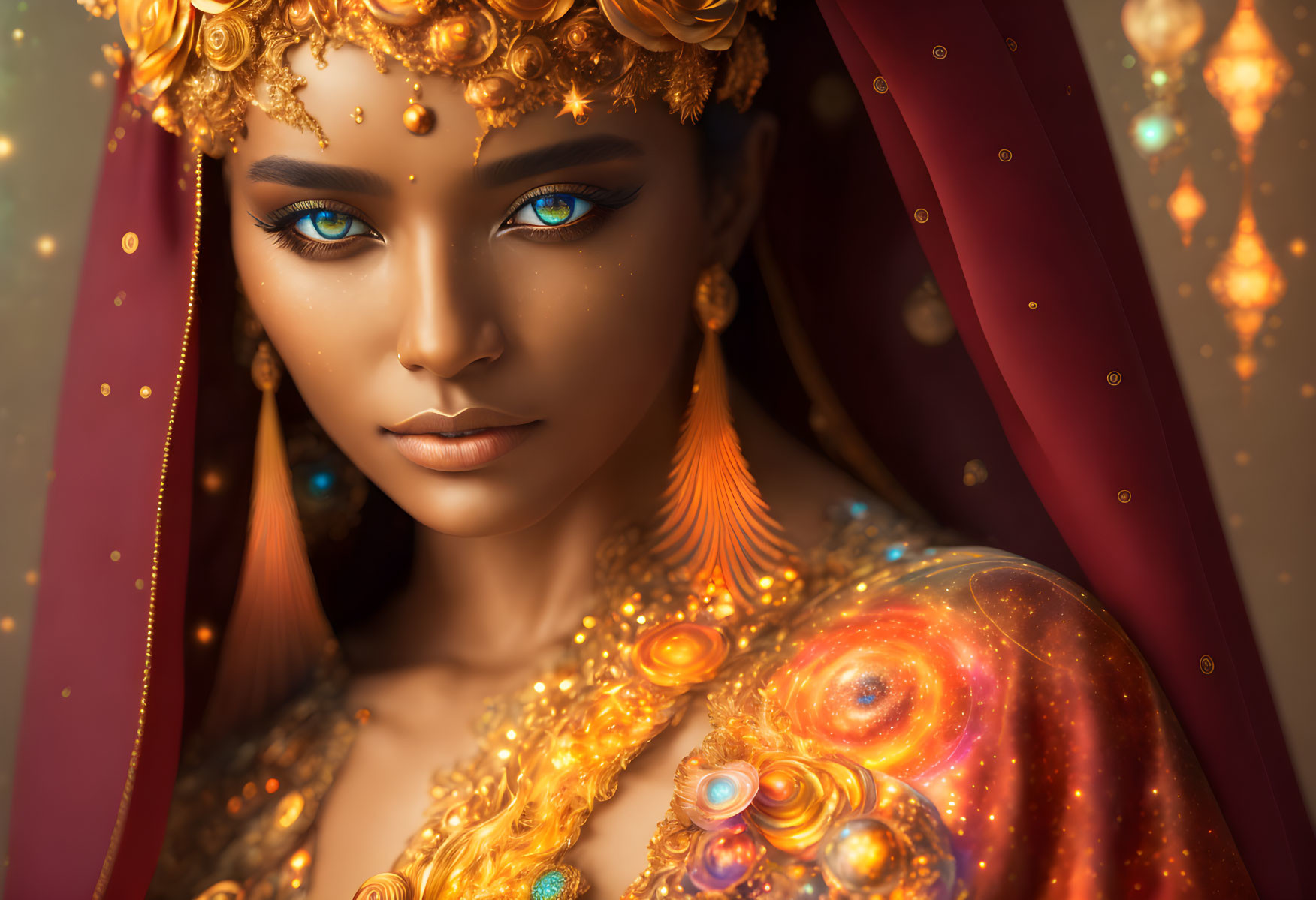 Digital portrait of woman in cosmic dress with golden jewelry and red veil under warm lights