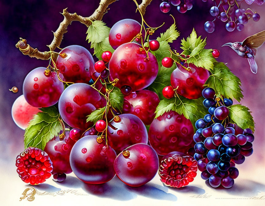 Colorful fruits and hummingbird on purple background.