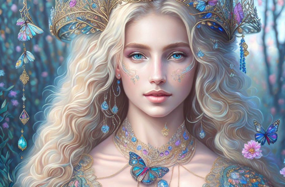 Blond Curly-Haired Woman with Golden Crown Surrounded by Butterflies