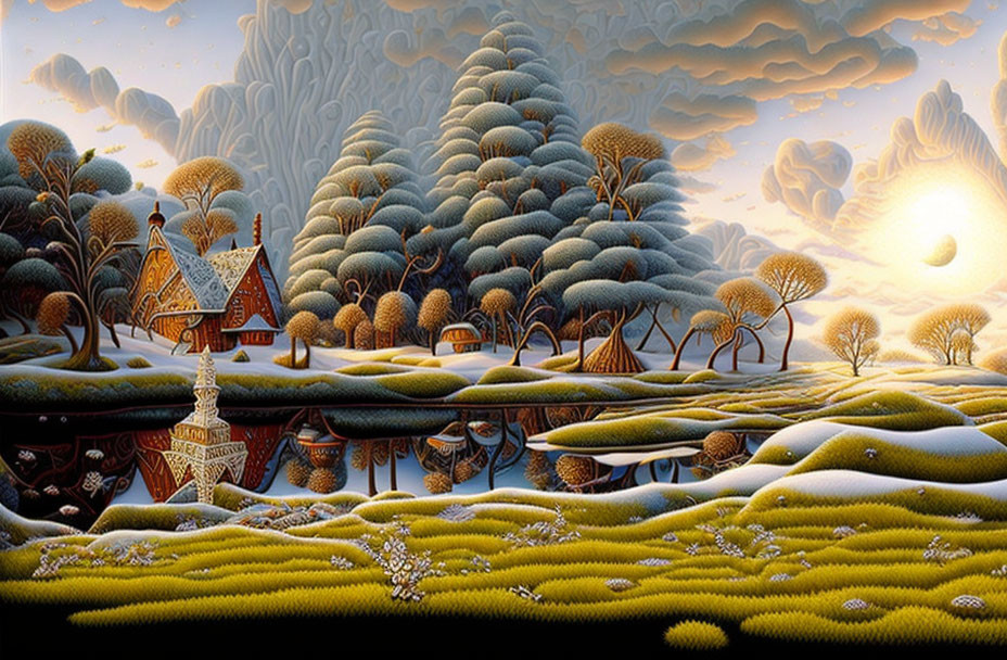 Snowy village landscape painting with ornate houses and vibrant trees under golden sky