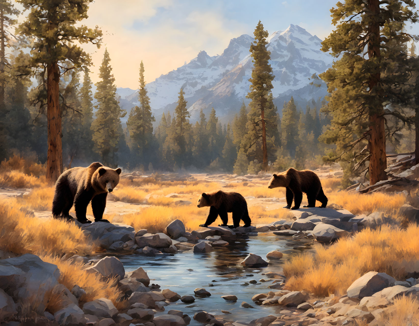 Mother bear and two cubs by stream in snowy mountain forest