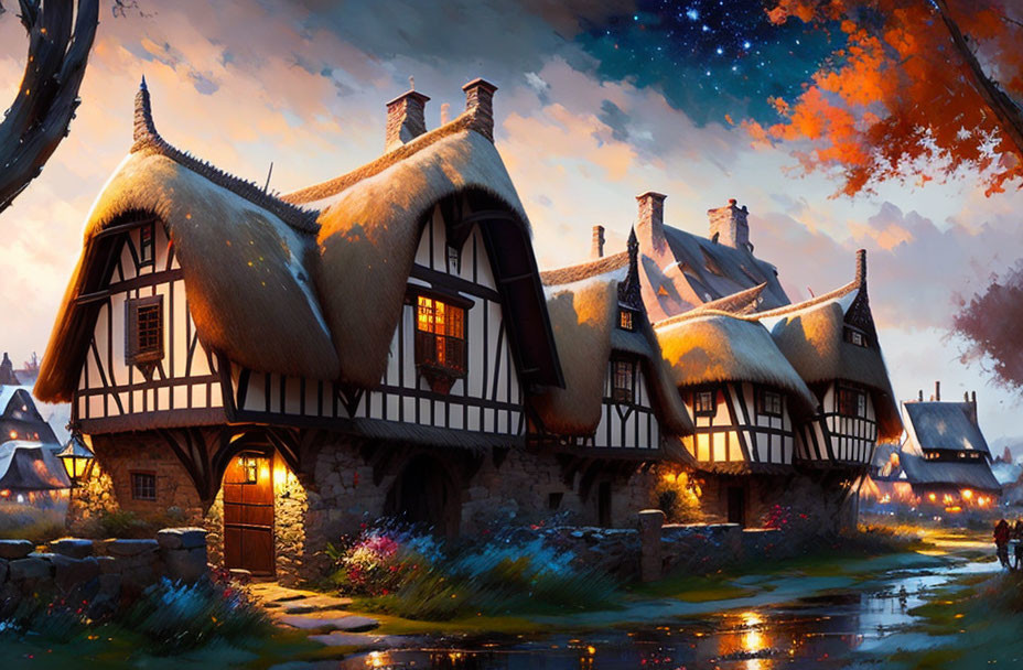 Enchanting fantasy cottage with thatched roofs in autumn scenery