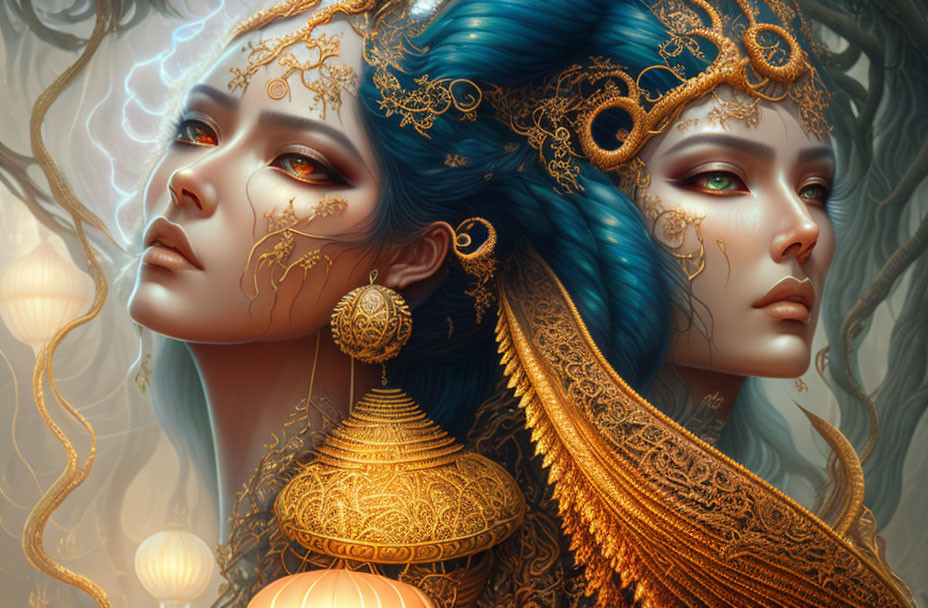 Ethereal women with golden headpieces and blue hair in mystical setting