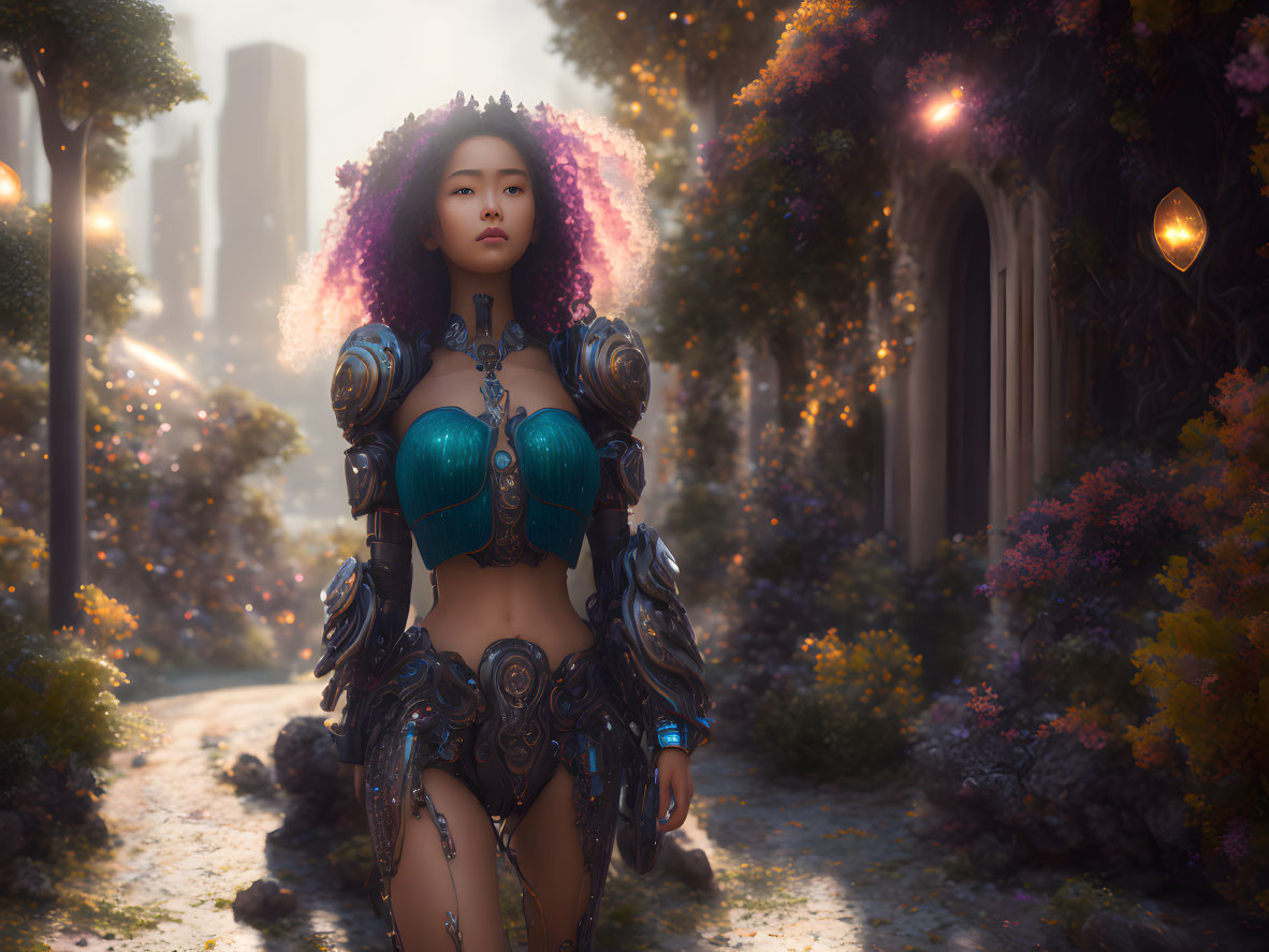 Fantasy armored woman in glowing garden with city skyline