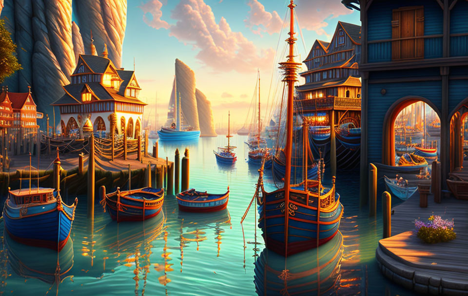 Tranquil harbor scene with blue boats, wooden docks, and sunset glow