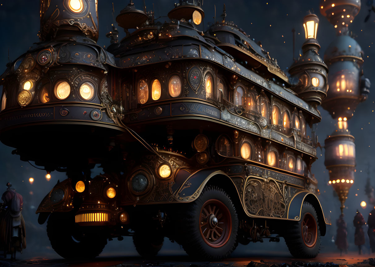 Steampunk-style double-decker bus on dimly lit cobblestone street