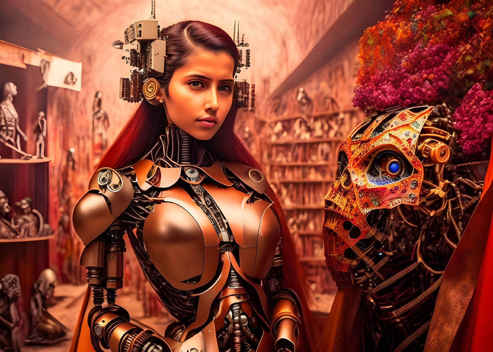 Female cyborg and masked figure in futuristic room with classical elements