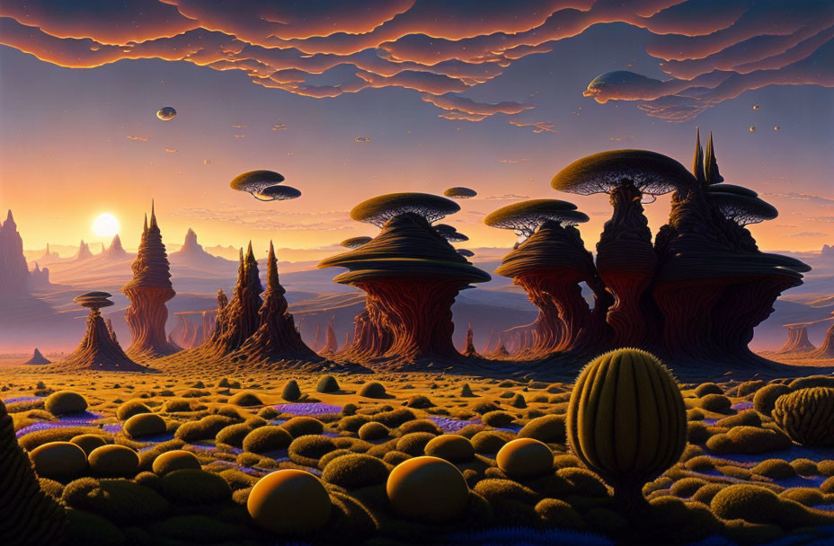 Surreal landscape with mushroom-like structures and floating islands at sunset