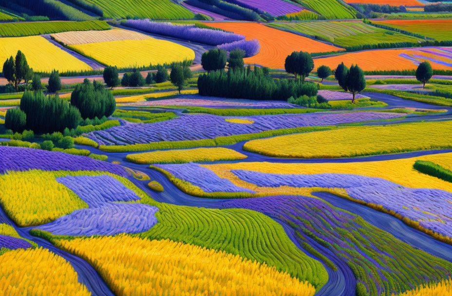 Colorful Patchwork Quilt of Purple, Yellow, and Orange Flowers in Rural Landscape