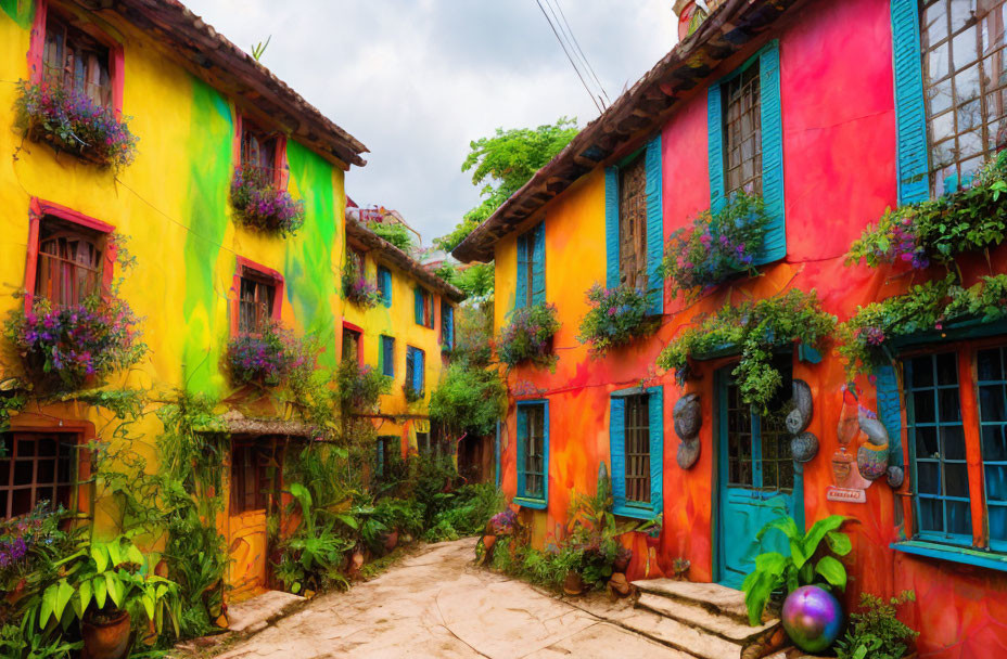 Colorful Houses and Greenery in Cobblestone Alley under Cloudy Sky