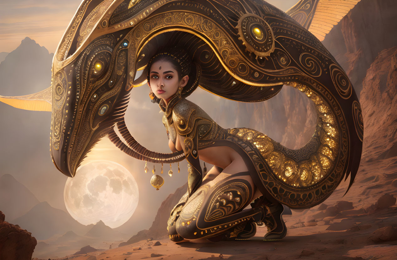 Fantastical desert landscape with woman in golden armor and moon