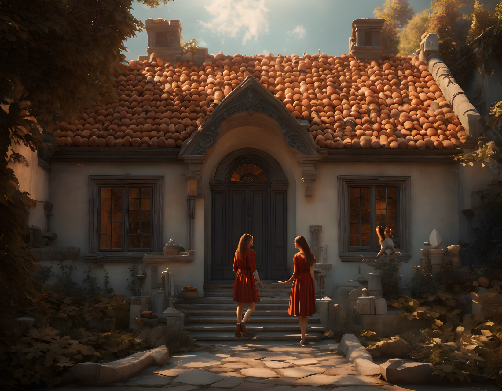 Two people in red dresses at quaint house with tiled roof and lush greenery.