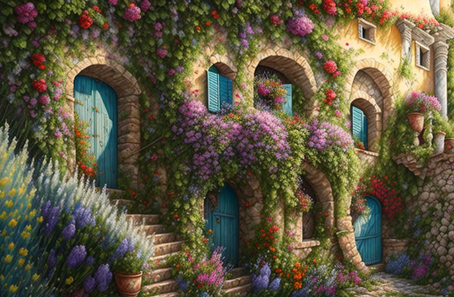 Stone house with colorful flowers, arched doors, and blue shutters