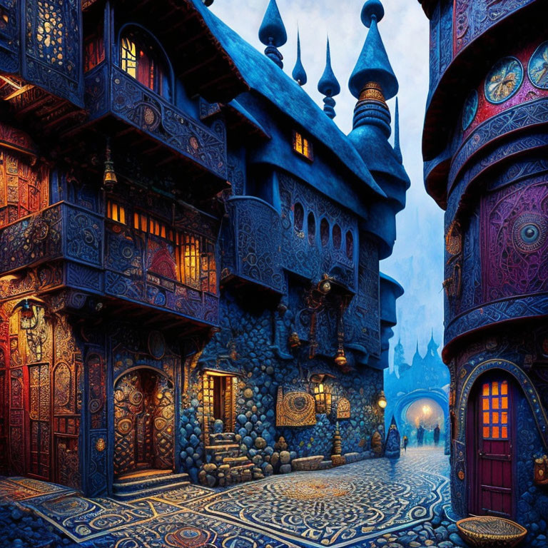 Fantastical Twilight Scene: Cobblestone Street, Ornate Blue & Purple Buildings