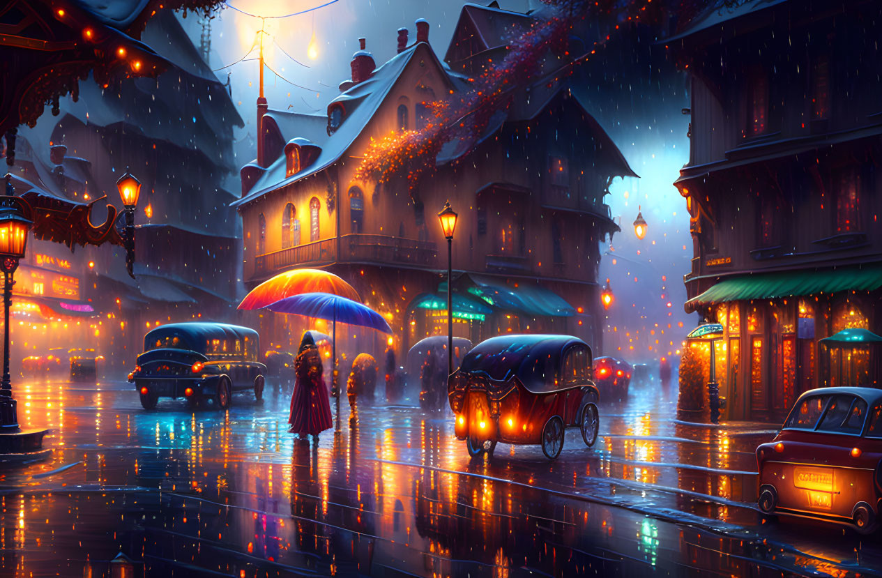 Snowfall evening scene with vintage cars and colorful umbrella on vibrant city street