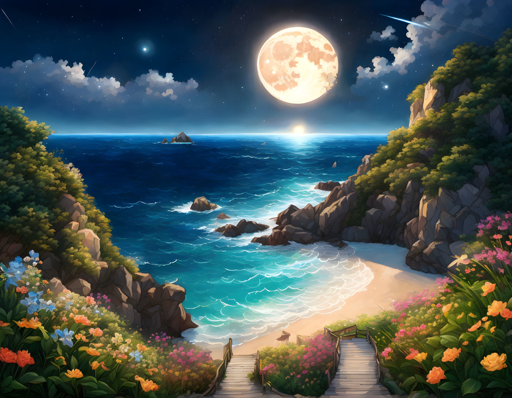 Full Moon Beach Scene with Stairs and Cliffs at Night