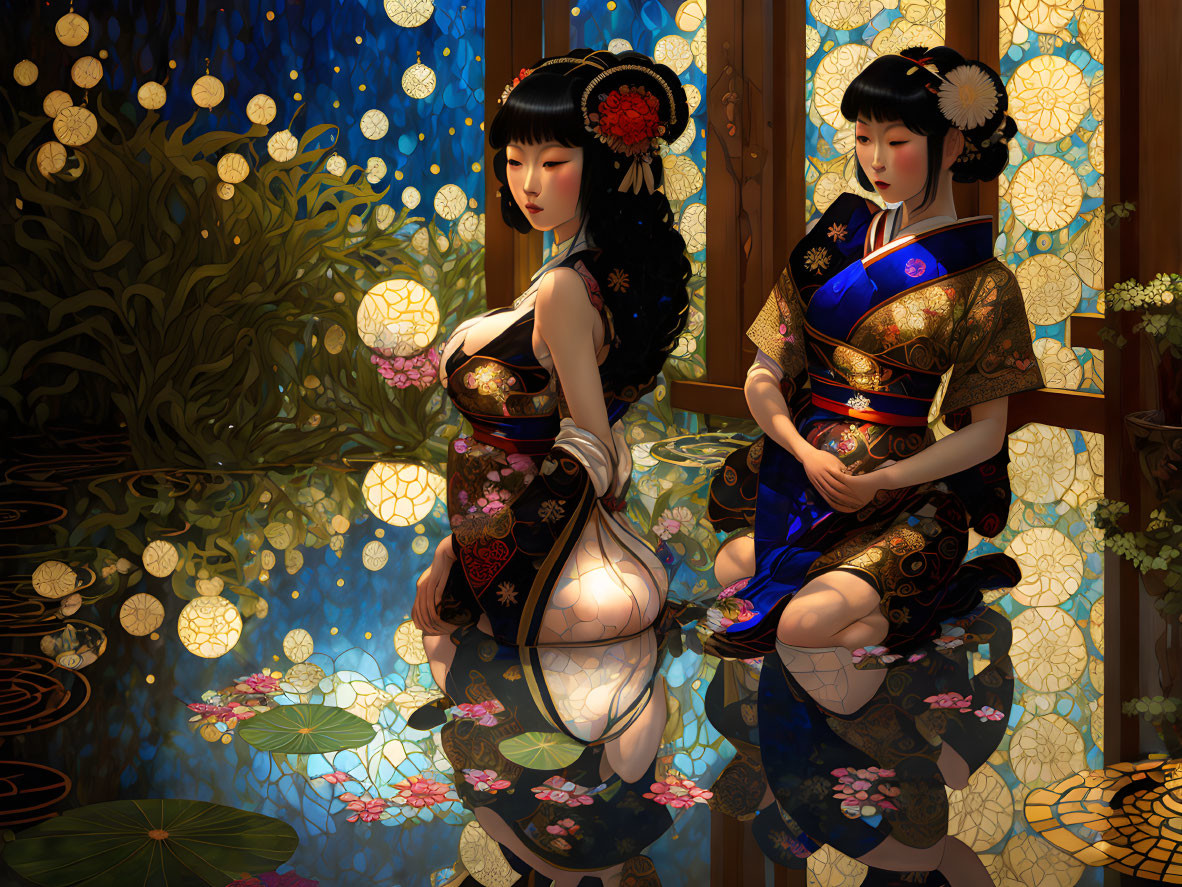 Traditional Japanese attire women by reflective pond with lanterns, lily pads, and night floral scene