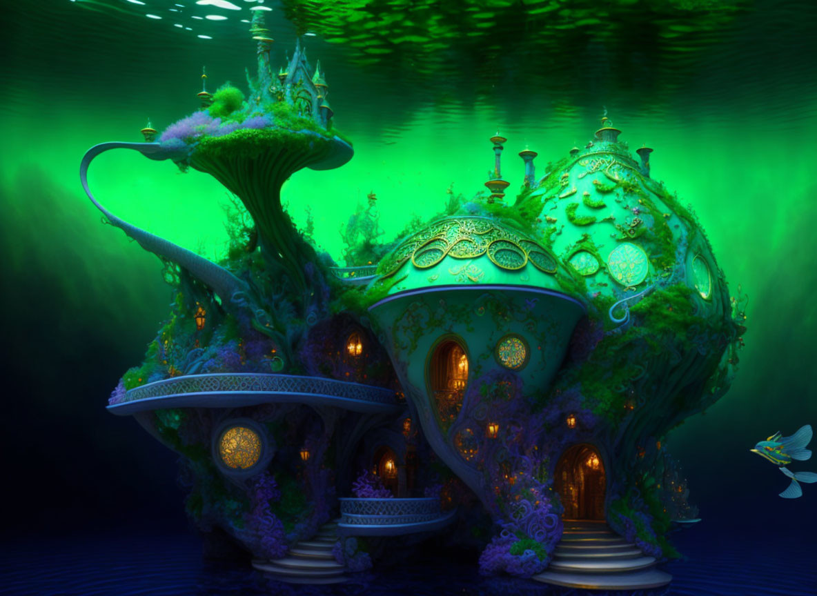 Whimsical green and purple underwater structure with fairy in enchanting scene